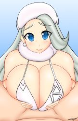Rule 34 | 1boy, 1girl, absurdres, artist name, bare shoulders, blue background, blue eyes, blush, bra, breasts, breasts squeezed together, closed mouth, clothed female nude male, creatures (company), earrings, fur hat, game freak, gradient background, grey hair, gym leader, happy, hat, hetero, highres, huge breasts, jewelry, jpeg artifacts, long hair, looking at viewer, mature female, melony (pokemon), navel, nintendo, nude, paizuri, pokemon, pokemon swsh, pov, shiny skin, signature, simple background, smile, solo focus, somegu, spread legs, underwear, underwear only, upper body, white bra, white headwear