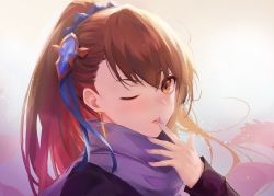 Rule 34 | 1girl, beatrix (granblue fantasy), blue ribbon, brown eyes, brown hair, chinese commentary, commentary request, earrings, finger to mouth, granblue fantasy, hair ornament, hair ribbon, jewelry, kyori, nail polish, one eye closed, ponytail, portrait, purple nails, purple scarf, ribbon, scarf, second-party source, solo