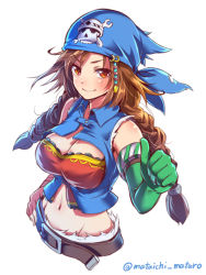 Rule 34 | 1girl, bandana, braid, breasts, brown eyes, brown hair, cleavage, commentary request, concrete pump (ole tower), elbow gloves, gloves, green gloves, large breasts, long hair, mataichi mataro, ole tower, pirate costume, simple background, single glove, smile, solo, twin braids, twitter username, white background