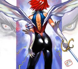 Rule 34 | 1girl, artist name, ass, back, bad id, bad pixiv id, cutie honey, cutie honey (character), from behind, gloves, kisaragi honey, magical girl, red hair, short hair, signature, solo, sword, takahashi kenji, toei animation, weapon, wings