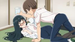 Rule 34 | 1boy, 1girl, accident, all fours, assistant (tejina senpai), black hair, blush, breasts, brown eyes, brown hair, closed mouth, cup, electrical outlet, fallen down, glasses, crooked eyewear, holding, holding cup, indoors, long hair, looking over eyewear, accidental pervert, lying, madara-san, on back, on floor, screencap, shoes, short hair, skirt, small breasts, sweatdrop, tejina senpai (series), thighhighs, water