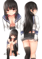Rule 34 | 10s, 1girl, ass, asymmetrical legwear, bent over, black hair, black socks, blouse, blunt bangs, breasts, breasts apart, clothes lift, collarbone, convenient censoring, feet, from behind, gloves, hair over shoulder, highres, isokaze (kancolle), kantai collection, kneehighs, legs apart, legs together, light smile, long hair, looking at viewer, looking back, medium breasts, miniskirt, mizushina minato, multiple views, navel, no bra, no panties, no shoes, open clothes, open shirt, panties, pleated skirt, red eyes, school uniform, serafuku, shirt, sideways mouth, single kneehigh, single sock, single thighhigh, sitting, skirt, skirt lift, socks, standing, thighhighs, thighs, underwear, uneven legwear, white gloves, white panties
