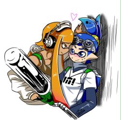 Rule 34 | 1boy, 1girl, against wall, artist name, bike shorts, blue hair, blush, dark skin, donut (zoza), e-liter 3k (splatoon), goggles, goggles on head, gun, headphones, heart, holding, holding weapon, ink tank, ink tank (splatoon), inkling, inkling boy, inkling girl, inkling player character, kabedon, layered clothes, layered sleeves, leaning back, leaning forward, long hair, long sleeves, md5 mismatch, nintendo, off shoulder, orange hair, pointy ears, pudding (zoza), rifle, shirt, short hair, short over long sleeves, short sleeves, signature, smile, sniper rifle, splatoon (series), splatoon 1, standing, sweatdrop, tank top, tentacle hair, topknot, upper body, weapon, white background, zoza