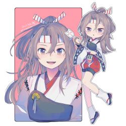 Rule 34 | 1girl, :o, arrow (projectile), brown eyes, brown hair, chibi, dated, eto (etonomemo1008), gloves, hachimaki, hair between eyes, hakama, hakama shorts, headband, highres, holding, holding arrow, japanese clothes, kantai collection, long hair, long sleeves, looking at viewer, multiple views, muneate, open mouth, parted lips, partially fingerless gloves, partly fingerless gloves, ponytail, red hakama, shorts, simple background, single glove, twitter username, wide sleeves, yugake, zuihou (kancolle)