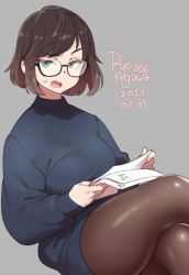 Rule 34 | 1girl, 2021, agawa ryou, artist name, black-framed eyewear, bob cut, breasts, brown hair, commentary, crossed legs, dated, english commentary, glasses, green eyes, grey background, large breasts, looking at viewer, original, pantyhose, paper, semi-rimless eyewear, short hair, signature, simple background, sitting, solo, thick thighs, thighs, under-rim eyewear