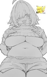 Rule 34 | 1girl, :d, absurdres, ahoge, black sports bra, blush, breasts, chibi, chibi inset, clothing cutout, crop top, crop top overhang, cropped sweater, elegg (nikke), exposed pocket, fang, freng, gloves, goddess of victory: nikke, greyscale, hair intakes, hair over eyes, highres, large breasts, long bangs, long sleeves, micro shorts, monochrome, multicolored hair, navel, open mouth, plump, short hair, shorts, shoulder cutout, smile, solo, sports bra, thighs, two-tone hair, underboob