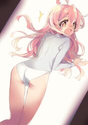 Rule 34 | 1girl, :o, ^^^, ahoge, ass, bare legs, blush, brown eyes, caught, commentary, embarrassed, from behind, genderswap, genderswap (mtf), hair between eyes, highres, long hair, long sleeves, looking at viewer, looking back, mochitsuki kagami, no pants, nose blush, onii-chan wa oshimai!, open mouth, oyama mahiro, paid reward available, panties, pink hair, shirt, simple background, solo, thigh gap, underwear, white panties, white shirt