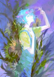 Rule 34 | 1boy, antenna hair, basil (omori), blue eyes, blue hair, blue overalls, chinese commentary, colored eyelashes, commentary, cowboy shot, flower, flower wreath, from side, hand on own chest, head wreath, highres, kmkmkmkm, leaf, looking up, male focus, neon palette, omori, overalls, painterly, parted lips, shirt, short hair, solo, standing, sunflower, yellow flower, yellow shirt