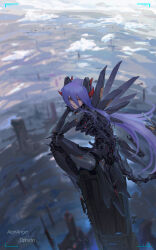 Rule 34 | 1girl, absurdres, building, cityscape, commentary request, english text, hair between eyes, headgear, highres, horns, joints, long hair, looking at viewer, mechanical horns, mechanical tail, mechanical wings, mixed-language commentary, original, purple hair, red eyes, robot girl, robot joints, science fiction, sitting, skyscraper, tail, ushas, very long hair, wind, wind lift, wings