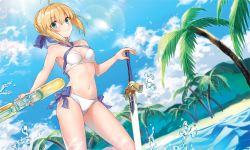 Rule 34 | 1girl, ahoge, armpits, artoria pendragon (all), artoria pendragon (fate), artoria pendragon (swimsuit archer) (fate), artoria pendragon (swimsuit archer) (first ascension) (fate), bare arms, bare legs, bare shoulders, barefoot, beach, bikini, blonde hair, blue bow, blue sky, blush, bow, breasts, cleavage, cleavage cutout, closed mouth, clothing cutout, cloud, collarbone, criss-cross halter, day, dutch angle, excalibur (fate/stay night), eyebrows, fate/grand order, fate/stay night, fate (series), glowing, glowing sword, glowing weapon, green eyes, hair bow, halterneck, holding, holding sword, holding weapon, leg up, lens flare, looking at viewer, medium breasts, navel, outdoors, palm tree, plant, saber (fate), sheath, shirako miso, shore, short hair, sky, smile, solo, standing, standing on one leg, stomach, summer, sunlight, swimsuit, sword, tree, unsheathed, unsheathing, water, water drop, water gun, weapon, white bikini