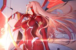 Rule 34 | 10s, 1girl, :p, blood, blood on face, blunt bangs, bodysuit, breasts, character request, commentary request, covered navel, darling in the franxx, floating hair, green eyes, hand up, highres, izumi sai, large breasts, licking lips, light particles, light rays, long hair, looking at viewer, mecha, pink hair, red bodysuit, robot, solo, standing, strelizia, sunlight, tongue, tongue out, zero two (darling in the franxx)