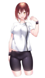 Rule 34 | 1girl, absurdres, bike shorts, blush, breasts, brown eyes, brown hair, cropped legs, fang, gluteal fold, hair between eyes, highres, medium breasts, midriff peek, original, short hair, simple background, skin fang, smile, solo, thighs, white background, wristband, yutazou