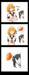 Rule 34 | 10s, 2girls, 3koma, ^ ^, absurdres, black hair, blonde hair, closed eyes, comic, commentary request, english text, enterprise (pacific), food, hat, highres, kantai collection, long hair, multiple girls, o o, pacific (kancolle), purple eyes, short hair, sima naoteng, smile, turkey (food), twintails, yellow eyes, zuikaku (kancolle)