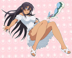 Rule 34 | 10s, 1girl, :o, bare shoulders, black hair, blue eyes, breasts, captain earth, creature, dark skin, dress, feet, large breasts, long hair, mutou hana, nigou, pink background, pitz, sandals, toes, two side up