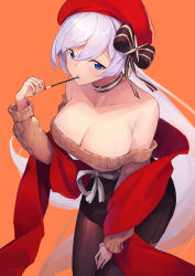 Rule 34 | 1girl, amano hagoromo, azur lane, bare shoulders, belfast (azur lane), belfast (shopping with the head maid) (azur lane), beret, black bow, black pantyhose, black skirt, blue eyes, bow, breasts, brown sweater, choker, cleavage, commentary request, food, hair between eyes, hair bow, hand up, hat, highres, large breasts, long hair, long sleeves, miniskirt, nail polish, off-shoulder sweater, off shoulder, orange background, pantyhose, pencil skirt, pocky, red hat, red nails, shawl, silver hair, simple background, skirt, solo, sweater, very long hair