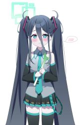 Rule 34 | absurdres, aris (blue archive), blue archive, blue eyes, blue hair, blush, commentary request, cosplay, dark blue hair, detached sleeves, hair between eyes, hair ornament, halo, hatsune miku, hatsune miku (cosplay), highres, long hair, looking at viewer, pn (wnsl216), simple background, solo, sweatdrop, thighhighs, vocaloid, white background