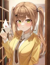 Rule 34 | 1girl, absurdres, arch a4, arm behind back, black necktie, blush, breasts, brown hair, closed mouth, collared shirt, commentary, frown, hand up, highres, holding, holding letter, indoors, jacket, large breasts, letter, long hair, long sleeves, looking at viewer, love letter, necktie, school uniform, shirt, solo, twintails, upper body, viichan, virtual youtuber, waktaverse, white shirt, yellow eyes, yellow jacket