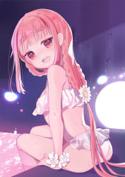 Rule 34 | 1girl, :d, ass, bare arms, bare shoulders, bikini, braid, commentary request, flower, flower bracelet, hair flower, hair ornament, head tilt, hinayuki usa, long hair, looking at viewer, looking back, magia record: mahou shoujo madoka magica gaiden, mahou shoujo madoka magica, open mouth, red eyes, red hair, see-through, sidelocks, sitting, smile, solo, swimsuit, tamaki iroha, tamaki iroha (swimsuit costume), teeth, thighs, upper teeth only, very long hair, water, wet, white bikini, white flower