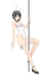 Rule 34 | 1girl, animal ears, aoyama sumika, bare shoulders, black bow, black bowtie, black footwear, black hair, bow, bowtie, breasts, brown eyes, coffee-kizoku, commentary request, detached collar, fake animal ears, fake tail, fishnet thighhighs, fishnets, full body, high heels, highleg, highleg leotard, highres, large breasts, leotard, looking at viewer, original, parted lips, playboy bunny, pole, pumps, rabbit ears, rabbit tail, short hair, simple background, smile, solo, strapless, strapless leotard, stripper pole, tail, teeth, thighhighs, white background, white leotard, white wrist cuffs, wrist cuffs