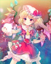 Rule 34 | &gt;:), 1girl, amo (shibu3), ascot, blonde hair, bloomers, blouse, blush, bow, capelet, center frills, chromatic aberration, closed mouth, collarbone, cowboy shot, crystal, dress, embellished costume, flandre scarlet, frills, giving, hat, hat bow, highres, looking at viewer, mob cap, petticoat, puffy short sleeves, puffy sleeves, red bow, red dress, red eyes, red skirt, shirt, short sleeves, side ponytail, skirt, smile, solo, suspender skirt, suspenders, touhou, underwear, v-shaped eyebrows, white shirt, wings, wrist cuffs
