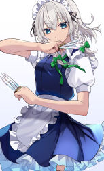Rule 34 | 1girl, apron, between fingers, blue dress, blue eyes, closed mouth, commentary request, dress, eyelashes, frilled apron, frills, green ribbon, grey hair, hair ribbon, highres, holding, holster, izayoi sakuya, looking at viewer, maid, maid apron, maid headdress, neck ribbon, puffy short sleeves, puffy sleeves, ribbon, short sleeves, signature, solo, thigh holster, touhou, tress ribbon, waist apron, white apron, yuineko