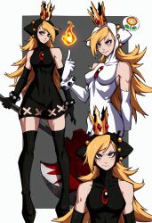 Rule 34 | 2girls, absurdres, alternate color, angry, axe, black &amp; white, blonde hair, blue eyes, bracelet, breasts, crown, detached sleeves, fire, fire flower, gloves, grey background, highres, holding, holding weapon, jewelry, kekel, long hair, mario (series), medium breasts, multiple girls, nintendo, simple background, skirt, smile, spiked bracelet, spiked hair, spikes, warupeach, weapon
