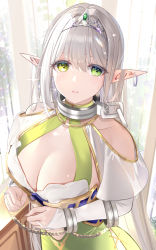 Rule 34 | 1girl, breasts, bridal gauntlets, chain, cleavage, clothing cutout, collar, commentary request, crying, crying with eyes open, cuffs, curtains, dress, ear piercing, elf, green dress, green eyes, hair between eyes, highres, indoors, large breasts, long hair, looking at viewer, metal collar, muka tsuku, original, parted lips, piercing, pointy ears, restrained, shoulder cutout, silver hair, slave, solo, tears, tiara, upper body, very long hair
