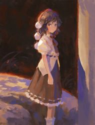 Rule 34 | 1girl, black hat, black skirt, commentary request, fjsmu, frilled skirt, frills, hat, highres, medium hair, puffy short sleeves, puffy sleeves, red eyes, red hat, shameimaru aya, shirt, short sleeves, skirt, solo, standing, tassel, tokin hat, touhou, white shirt