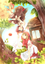 Rule 34 | absurdres, animal ears, apple, apron, arm support, armband, bad id, bad pixiv id, blonde hair, blue eyes, bow, brown hair, rabbit, clover, floating, food, fruit, heart, heart-shaped pupils, highres, hood, loafers, original, red eyes, shoes, sitting, symbol-shaped pupils, tatsumi3, tree, upside-down