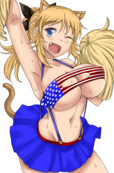Rule 34 | 1girl, american flag, american flag bikini, american flag print, animal ears, armpits, arms up, bikini, blonde hair, blue eyes, breasts, cheerleader, cleavage, cleavage cutout, clothing cutout, fang, flag print, freckles, hair ribbon, highres, huge breasts, katharine ohare, komusou (jinrikisha), long hair, navel, one eye closed, open mouth, pom pom (cheerleading), print bikini, ribbon, shiny skin, simple background, skindentation, skirt, smile, solo, strike witches, strike witches: suomus misfits squadron, sweatdrop, swimsuit, white background, wink, world witches series