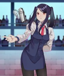 Rule 34 | 1girl, :o, absurdres, afterimage, arm behind back, black hair, black pantyhose, blue skirt, blue vest, bottle, brick wall, cocktail shaker, collared shirt, commentary, english commentary, gar32, highres, jill stingray, juliet sleeves, long sleeves, necktie, pantyhose, parted lips, pencil skirt, puffy sleeves, red eyes, red necktie, shirt, skirt, solo, swept bangs, twintails, va-11 hall-a, vest, white shirt