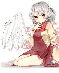 Rule 34 | 1girl, abe suke, bow, bowtie, braid, brown eyes, clothes lift, dress, dress lift, feathered wings, french braid, hair intakes, hand up, highres, jacket, kishin sagume, lifted by self, long sleeves, looking at viewer, open clothes, open jacket, parted lips, red bow, red bowtie, short hair, silver hair, single wing, sitting, solo, sparkle, touhou, white wings, wings, yellow jacket