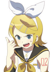 Rule 34 | 1girl, blonde hair, blue eyes, detached sleeves, female focus, kagamine rin, open mouth, sailor collar, short hair, simple background, solo, tattoo, torla, vocaloid, white background