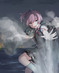 Rule 34 | 10s, 1girl, bike shorts, blouse, blue eyes, explosion, eyebrows, foreshortening, from side, gloves, grey skirt, grey vest, hair between eyes, hair ornament, highres, hiroe (cosmos blue-02 421), kantai collection, leg up, looking at viewer, looking to the side, machinery, neck ribbon, night, ocean, open mouth, outdoors, outstretched arm, pink hair, pleated skirt, pocket, ponytail, red ribbon, ribbon, shiranui (kancolle), shirt, short sleeves, shorts, shorts under skirt, skirt, smoke, solo, thigh strap, vest, water, white gloves, white shirt
