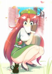 Rule 34 | 1girl, amisu, back, baozi, blue eyes, blush, braid, cat, chen, chen (cat), chinese clothes, eating, artistic error, flower, food, hat, heart, heart tail, high heels, hong meiling, long hair, mittens, multiple tails, petals, red hair, revision, shoes, side slit, skirt, solo, squatting, star (symbol), tail, touhou, twin braids