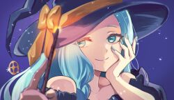 Rule 34 | 1girl, absurdres, aqua eyes, aqua hair, aqua nails, bow, closed mouth, commentary request, etra-chan wa mita!, hand on own cheek, hand on own face, hat, hat bow, highres, holding, holding wand, long hair, looking at viewer, nyako (lhq3p), portrait, purple background, simple background, smile, solo, wand, witch hat, yellow bow, yuzuriha (etra-chan wa mita!)