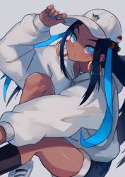 Rule 34 | 1girl, absurdres, adidas, alternate costume, baseball cap, black hair, black shorts, blue eyes, blue hair, blue nails, closed mouth, creatures (company), dark-skinned female, dark skin, earrings, game freak, gen 2 pokemon, grey hat, grey hoodie, hand on headwear, hat, highres, hood, hood down, hoodie, hoop earrings, jewelry, katsu (katsupainter), knee up, long hair, long sleeves, looking at viewer, makeup, multicolored hair, nail polish, necklace, nessa (pokemon), nintendo, poke ball, poke ball (basic), pokemon, pokemon swsh, puffy long sleeves, puffy sleeves, shorts, sitting, solo, two-tone hair, very long hair