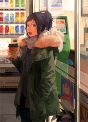 Rule 34 | 10s, 1boy, alternate costume, ayakii, black hair, blue eyes, bow, coffee cup, contemporary, convenience store, cowboy shot, cup, disposable cup, hair bow, hand in pocket, hood, hooded jacket, jacket, male focus, mole, mole under eye, open mouth, personification, ponytail, scarf, shop, solo, touken ranbu, yamato-no-kami yasusada