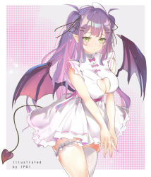 Rule 34 | 1girl, absurdres, ahoge, alternate costume, artist name, bad id, bad pixiv id, blush, breasts, cleavage, cleavage cutout, closed mouth, clothing cutout, commentary, cowboy shot, demon tail, demon wings, dress, english text, eyelashes, frilled dress, frills, green eyes, grey background, hair ornament, hair ribbon, hairclip, heart cutout, highres, hololive, long hair, looking at viewer, medium breasts, multicolored hair, nail polish, own hands together, pink background, pink hair, pointy ears, purple hair, purple nails, ribbon, simple background, single thighhigh, sleeveless, sleeveless dress, solo, streaked hair, tail, thigh strap, thighhighs, thighs, tokoyami towa, twintails, two-tone hair, usagi poi, virtual youtuber, white dress, white thighhighs, wings, zettai ryouiki