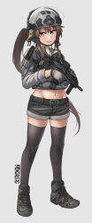 Rule 34 | 1girl, black footwear, black thighhighs, blue eyes, blush, brown hair, commission, ergot, gloves, grey background, grey gloves, grey jacket, gun, hair between eyes, hair ribbon, headphones, headset, helmet, highres, jacket, long hair, long sleeves, looking at viewer, military, military uniform, original, parted lips, ponytail, red ribbon, ribbon, shoes, short shorts, shorts, signature, simple background, sneakers, solo, standing, termichan (not-a-bot), thighhighs, uniform, very long hair, weapon