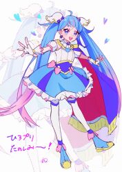 Rule 34 | 1girl, ahoge, blue eyes, blue hair, bow, cape, cure sky, detached sleeves, earrings, fingerless gloves, frills, full body, gloves, highres, hirogaru sky! precure, jewelry, long hair, magical girl, mochino ron, open mouth, pink bow, pink hair, precure, puffy detached sleeves, puffy sleeves, single sidelock, smile, solo, sora harewataru, thighhighs, two-sided cape, two-sided fabric, very long hair, white gloves, wing hair ornament