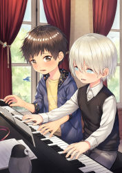 Rule 34 | 2boys, alk, blonde hair, blue eyes, blush, brown eyes, brown hair, hair between eyes, highres, hood, hoodie, instrument, looking at another, male focus, multiple boys, original, piano, shirt, sweatdrop, sweater vest, vest