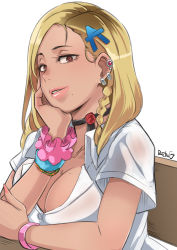 Rule 34 | 1girl, bad id, bad tumblr id, black choker, blonde hair, bracelet, braid, breasts, brown eyes, butcha-u, character request, choker, cleavage, commentary request, copyright request, ear piercing, earrings, eyelashes, fingernails, gyaru, hair ornament, hairpin, head rest, jewelry, kogal, large breasts, lips, lipstick, long fingernails, long hair, looking at viewer, makeup, mole, mole on breast, mole under mouth, nail polish, parted lips, piercing, scrunchie, shirt, short sleeves, side braid, sitting, smile, solo, upper body, white background