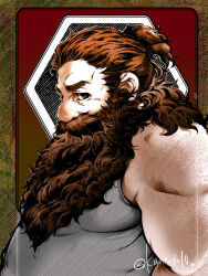 Rule 34 | 1boy, bara, beard, beard over mouth, belly, dungeon meshi, dwarf, facial hair, grey tank top, high ponytail, inset border, kano (kano to10), long beard, looking at viewer, male focus, mature male, muscular, muscular male, pectorals, plump, senshi (dungeon meshi), solo, tank top, thick mustache, very long beard, wrinkled skin
