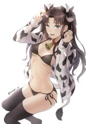 Rule 34 | 1girl, animal ears, animal print, bell, bikini, black bikini, black panties, black thighhighs, blue eyes, breasts, collar, commentary request, cow ears, cow print, fate/stay night, fate (series), hair ribbon, highres, long hair, mondi hl, neck bell, open mouth, panties, ribbon, side-tie bikini bottom, solo, swimsuit, thighhighs, tohsaka rin, two side up, underwear, white background