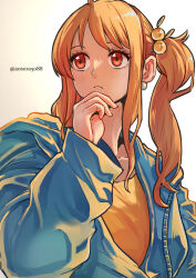 Rule 34 | 1girl, aosora2823, blue jacket, blush, closed mouth, dress, earrings, hair ornament, highres, jacket, jewelry, long hair, nami (one piece), one piece, orange eyes, orange hair, orange shirt, shirt, side ponytail, solo, twitter username, upper body