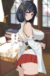 Rule 34 | 1girl, absurdres, ass, bare shoulders, blurry, blurry background, breasts, cowboy shot, detached sleeves, highres, japanese clothes, kantai collection, large breasts, looking at viewer, looking back, nitamako (sakamalh), pleated skirt, red eyes, red skirt, skirt, solo, thigh strap, yamashiro (kancolle)