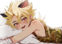 Rule 34 | 1boy, absurdres, animal ears, armpits, bandages, black choker, black ears, blonde hair, blush, camouflage, camouflage shirt, cat boy, cat ears, choker, commission, earrings, fangs, ferea bimi, highres, hugging object, indie virtual youtuber, jewelry, kainen, looking at viewer, lying, male focus, on stomach, open mouth, pillow, pillow hug, red eyes, shirt, skeb commission, solo, tank top, trap, virtual youtuber