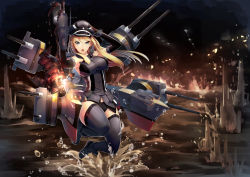 Rule 34 | 10s, 1girl, 3girls, :o, aircraft, airplane, anchor, ankle boots, armpits, bare shoulders, battlefield, bismarck (kancolle), black footwear, black gloves, black hat, black panties, black thighhighs, blonde hair, blue eyes, boots, breasts, cannon, dress, elbow gloves, explosion, fire, firing, full body, gloves, gorget, gun, hand on headwear, hand on own head, hands up, hat, highres, jumping, kantai collection, large breasts, leg up, long hair, looking at viewer, machinery, microdress, multiple girls, night, night sky, ocean, open mouth, outdoors, panties, peaked cap, scottie (phantom2), searchlight, sky, smoke, solo, thighhighs, torpedo, turret, underwear, uneven eyes, water, weapon