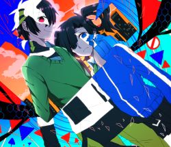 Rule 34 | 1boy, 1girl, bad id, bad pixiv id, black hair, blue eyes, cowboy shot, eiku, ene (kagerou project), enomoto takane, frown, headphones, highres, kagerou project, kokonose haruka, konoha (kagerou project), long hair, miniskirt, mole, mole under eye, orange sky, red eyes, revealing layer, road sign, short hair, side-by-side, sign, skirt, sky, spoilers, stop sign, twintails, v-neck, vocaloid
